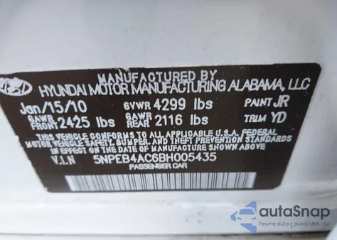 2011 Hyundai Sonata Gls z USA, uszkodzony, nr VIN 5NPEB4AC6BH005435